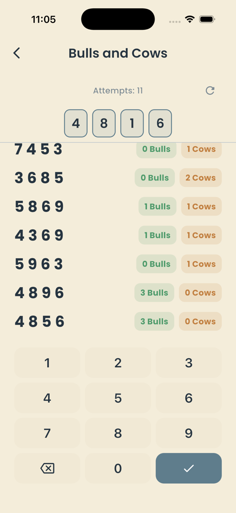 Bulls and Cows gameplay: guessing a 4-digit number with Bulls and Cows feedback for each attempt