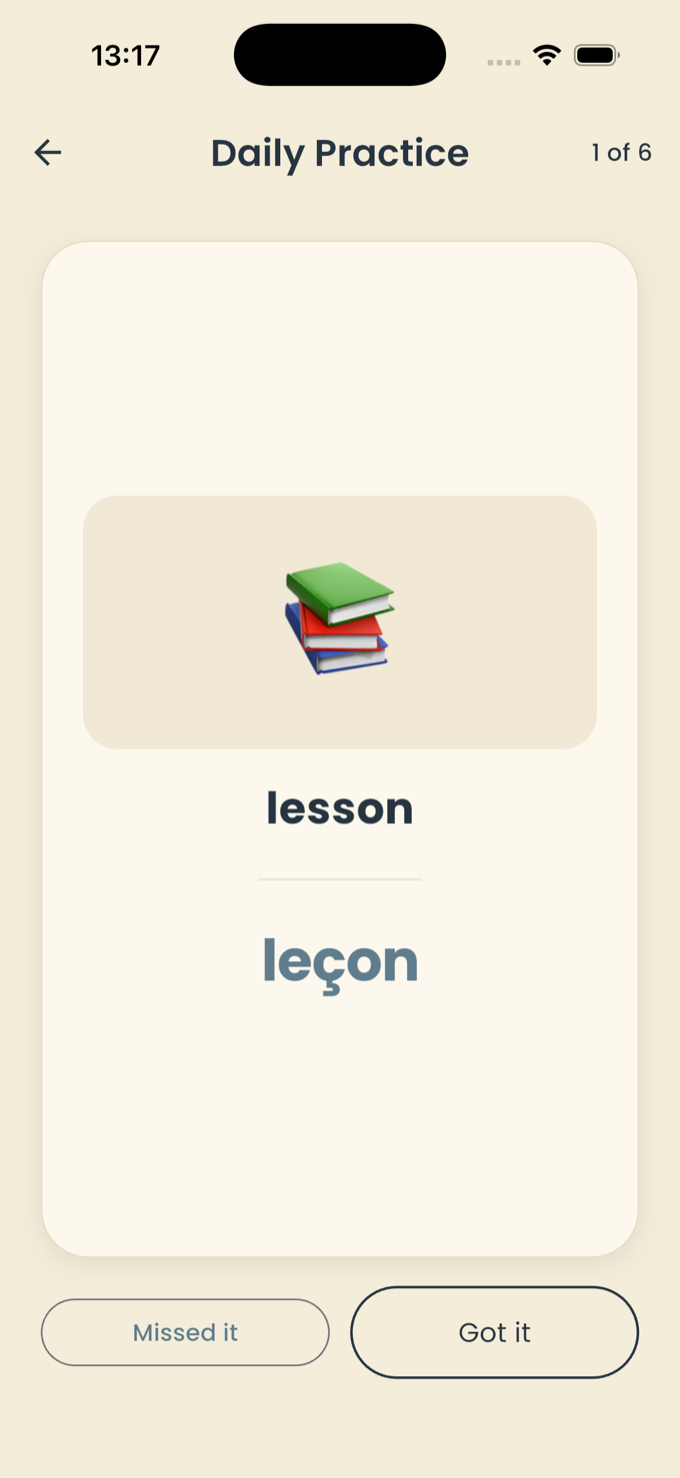 LexiTrainer Daily Practice card revealing the translation of the word "lesson", with Missed it / Got it buttons