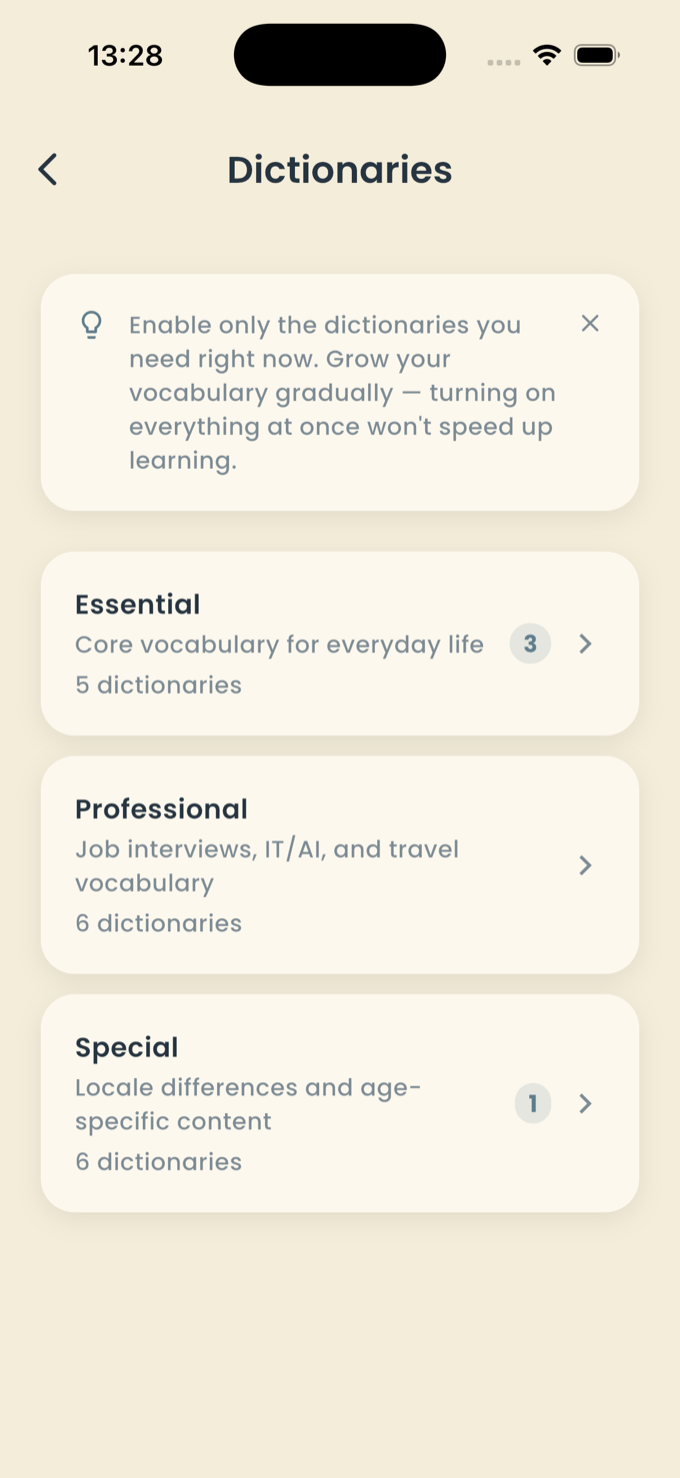 LexiTrainer Dictionaries catalog with Essential, Professional and Special collections