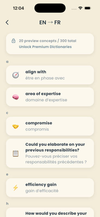 Working with AI dictionary preview: "20 preview concepts / 300 total", English to French
