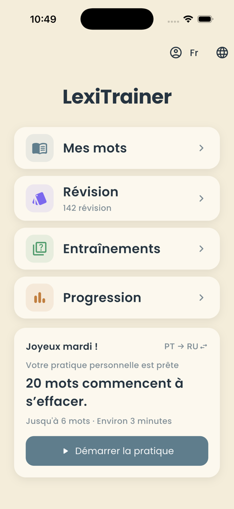 LexiTrainer Home screen with the interface set to French