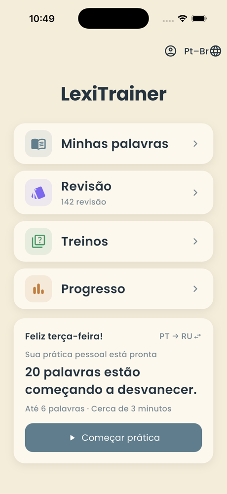 LexiTrainer Home screen with the interface set to Brazilian Portuguese