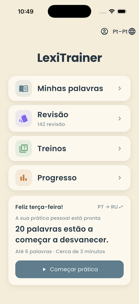 LexiTrainer Home screen with the interface set to European Portuguese