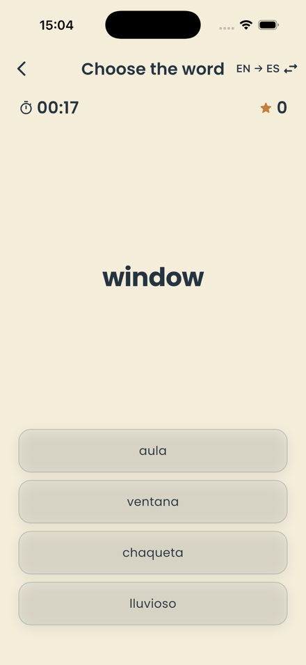 Choose the Word training game: picking the correct translation for "window" from four options