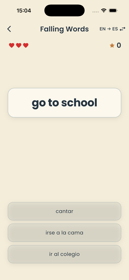 Falling Words training game: choosing the right translation for the phrase "go to school"