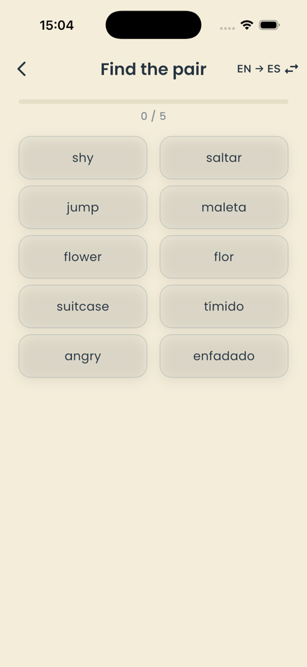 Find the Pair training game: matching English words with their Spanish translations