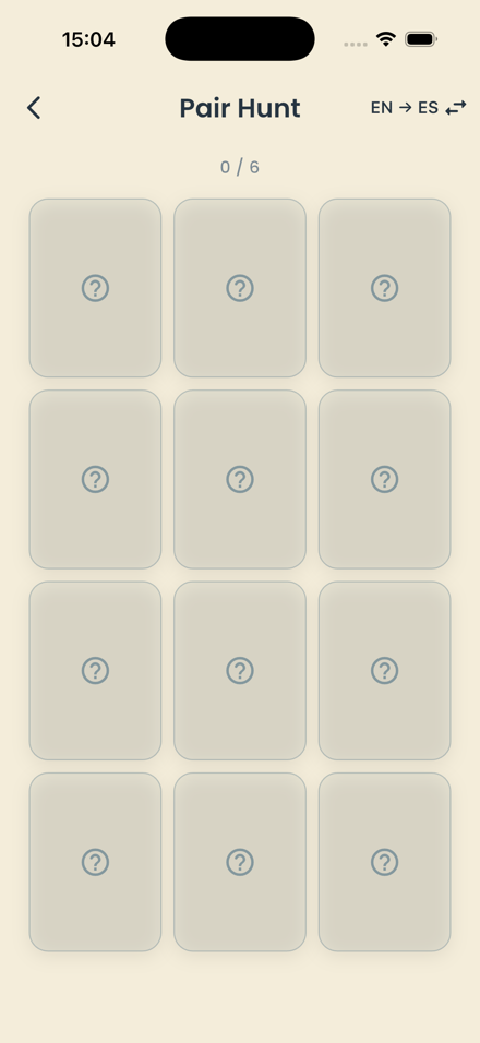 Pair Hunt training game: a grid of face-down cards waiting to be matched with their translations