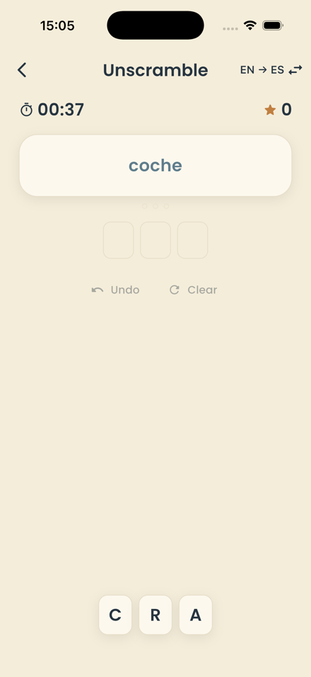 Unscramble training game: rebuilding the word "coche" from shuffled letter tiles