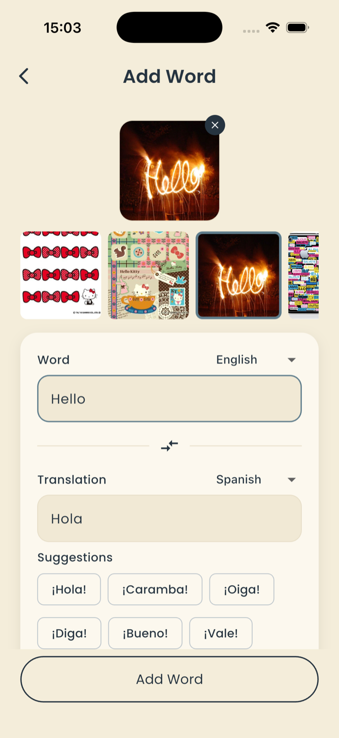 Add Word screen: "Hello" translated to "Hola", with image suggestions and alternative translations