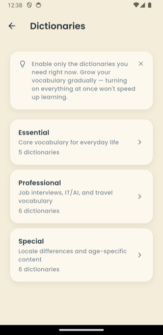 Dictionaries screen showing Essential, Professional and Special collections