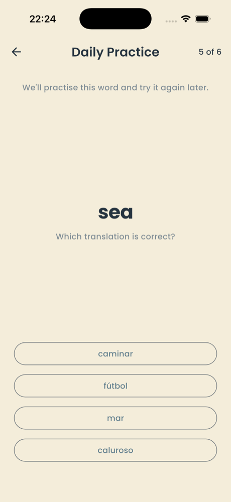 Daily Practice reinforcement: "We'll practice this word and try it again later" for "sea", with multiple-choice translations