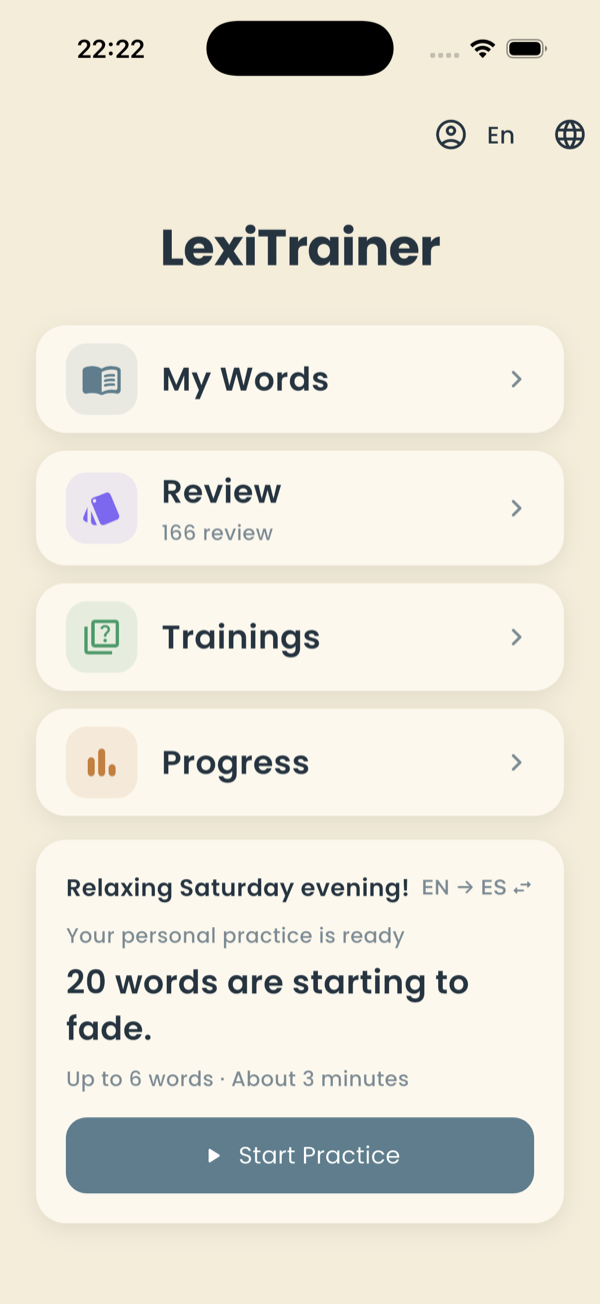 LexiTrainer home screen: "20 words are starting to fade" with a Start Practice button