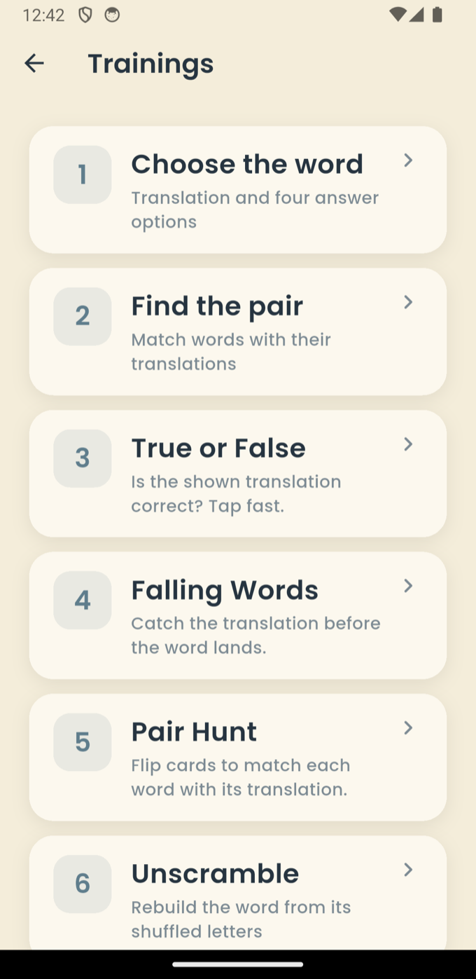 Trainings screen listing Choose the Word, Find the Pair, True or False, Falling Words, Pair Hunt and Unscramble