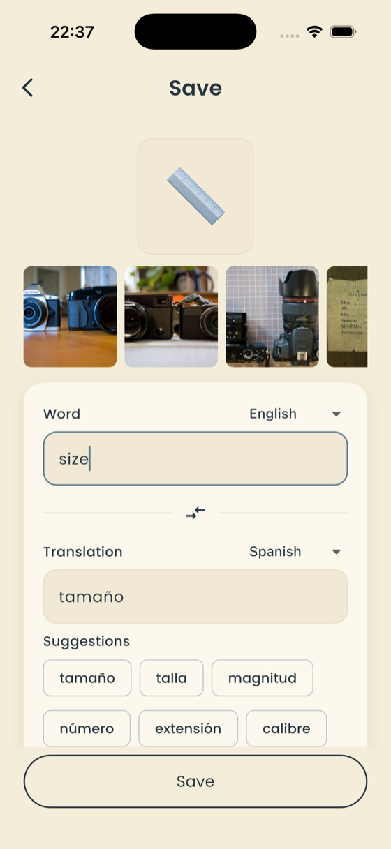 Add Word screen saving "size" with the Spanish translation "tamaño" and suggested alternatives
