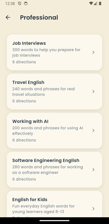 Professional dictionaries list including Job Interviews, Travel English and Working with AI