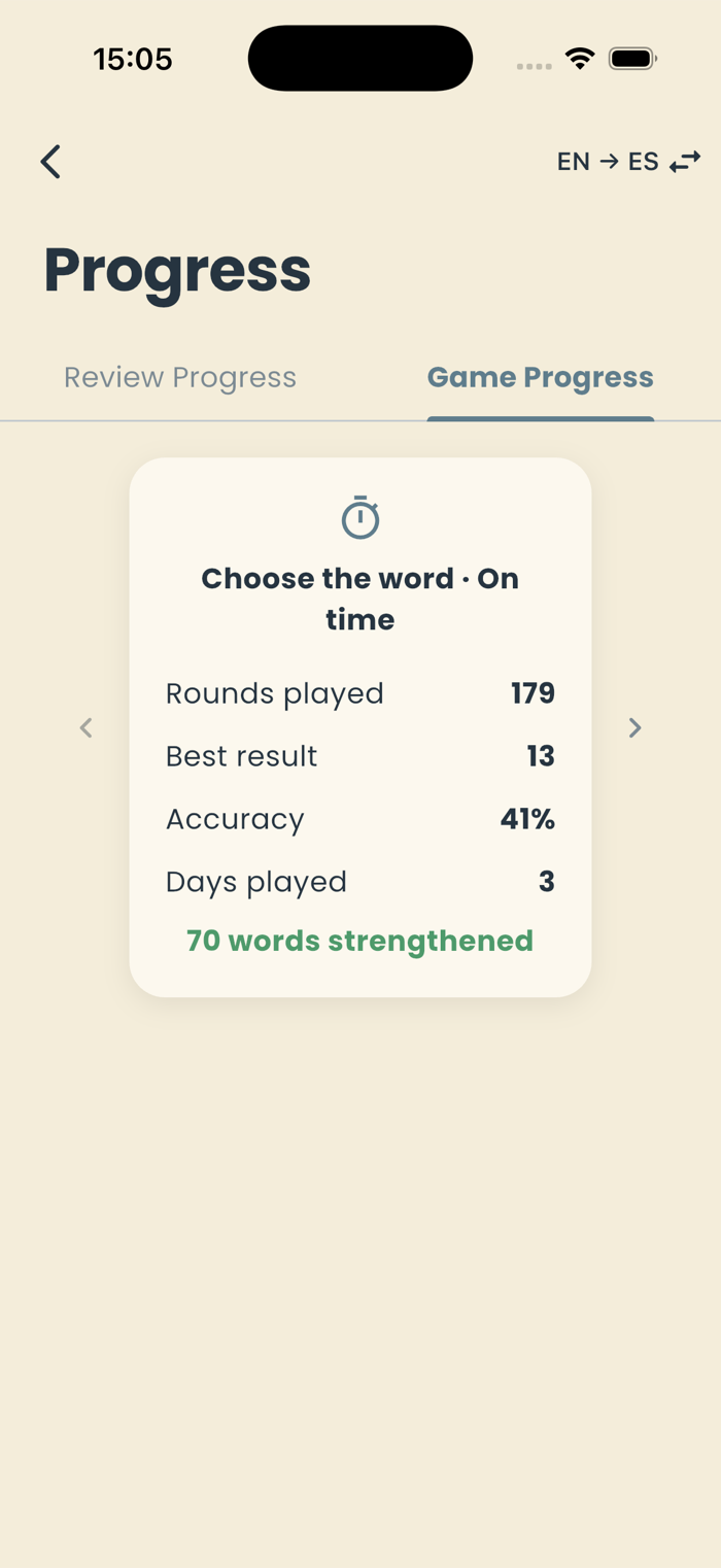 Progress screen showing Game Progress stats for Choose the Word: 179 rounds played and 70 words strengthened