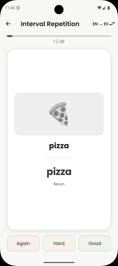 Interval Repetition review card for "pizza" with Again, Hard and Good buttons