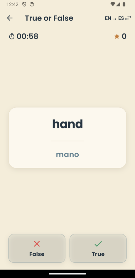 True or False training screen with the word "hand" and its translation "mano"