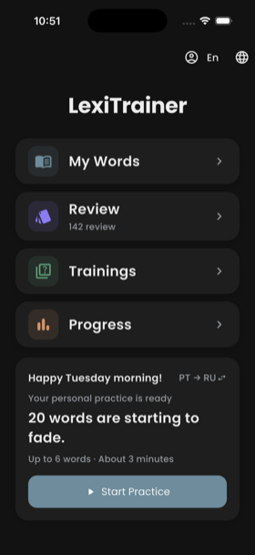 LexiTrainer Home screen in the Dark theme